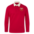 The Scarlets 24/25 Retro Rugby Jersey by Castore features classic long sleeves, a white collar, and a yellow "Scarlets 1872" crest on red, showcasing timeless rugby style.