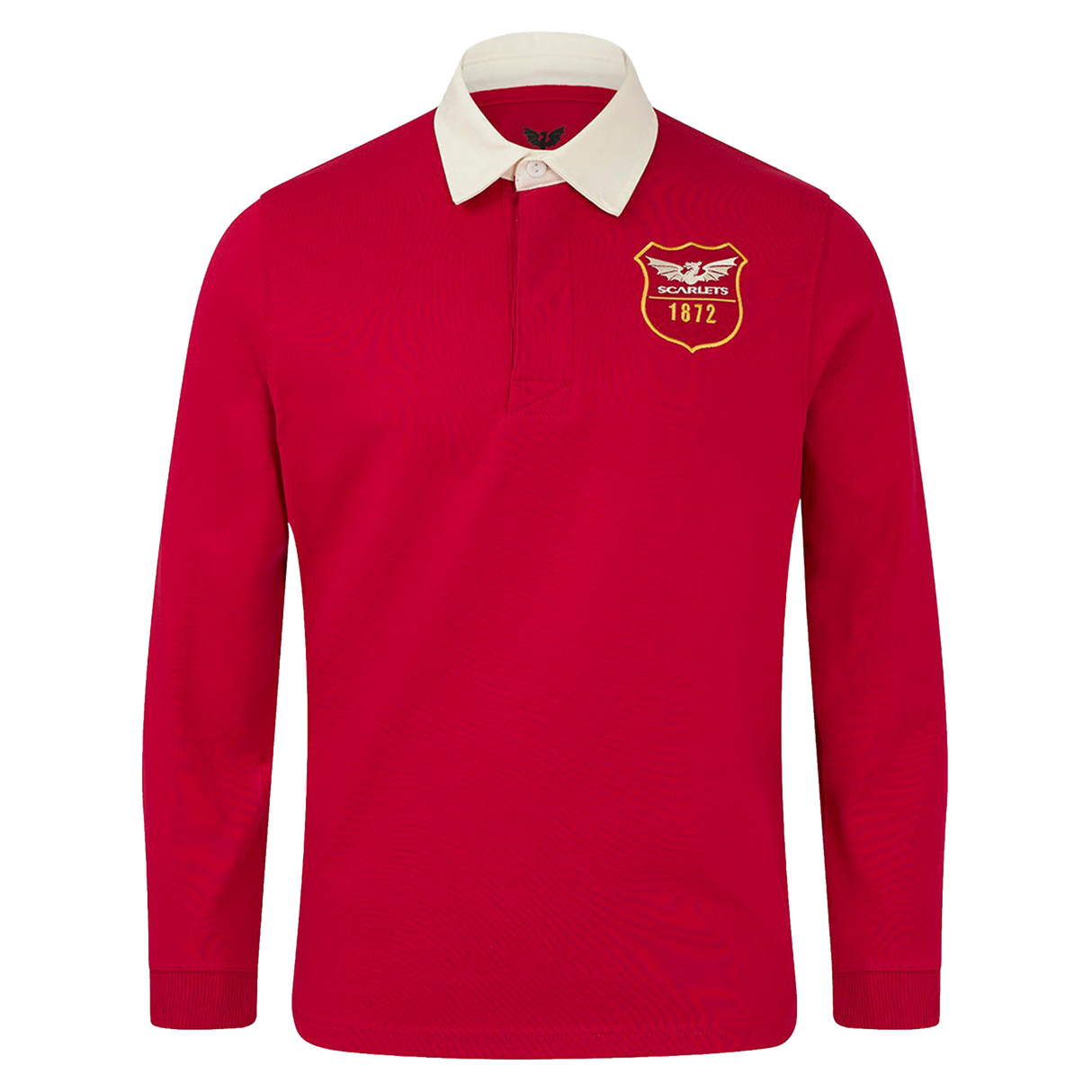 The Scarlets 24/25 Retro Rugby Jersey by Castore features classic long sleeves, a white collar, and a yellow "Scarlets 1872" crest on red, showcasing timeless rugby style.