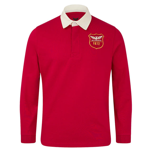 The Scarlets 24/25 Retro Rugby Jersey by Castore features classic long sleeves, a white collar, and a yellow "Scarlets 1872" crest on red, showcasing timeless rugby style.