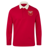 The Scarlets 24/25 Retro Rugby Jersey by Castore features classic long sleeves, a white collar, and a yellow "Scarlets 1872" crest on red, showcasing timeless rugby style.