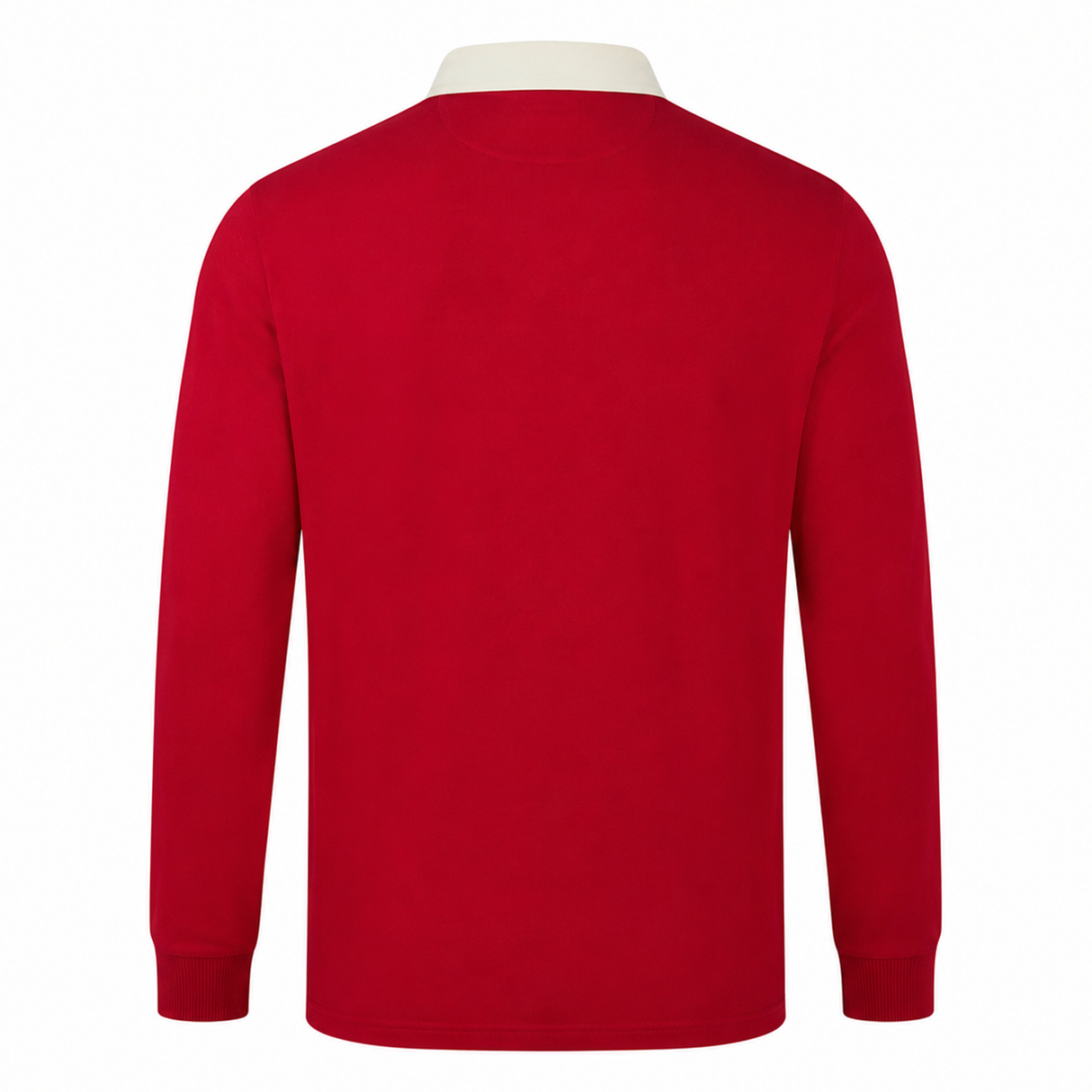 The Scarlets 24/25 Retro Rugby Jersey by Castore is a long-sleeve red polo shirt with a white collar, viewed from the back, channeling classic rugby style.