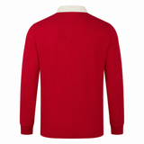 The Scarlets 24/25 Retro Rugby Jersey by Castore is a long-sleeve red polo shirt with a white collar, viewed from the back, channeling classic rugby style.