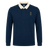 The Leinster 25/26 Dual Branded Jersey by Castore features long sleeves, a navy blue design with a white collar, and two embroidered left chest patches inspired by the classic Leinster Rugby jersey.