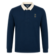 The Leinster 25/26 Dual Branded Jersey by Castore features long sleeves, a navy blue design with a white collar, and two embroidered left chest patches inspired by the classic Leinster Rugby jersey.