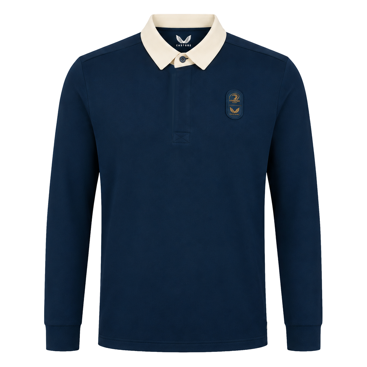 The Leinster 25/26 Dual Branded Jersey by Castore features long sleeves, a navy blue design with a white collar, and two embroidered left chest patches inspired by the classic Leinster Rugby jersey.