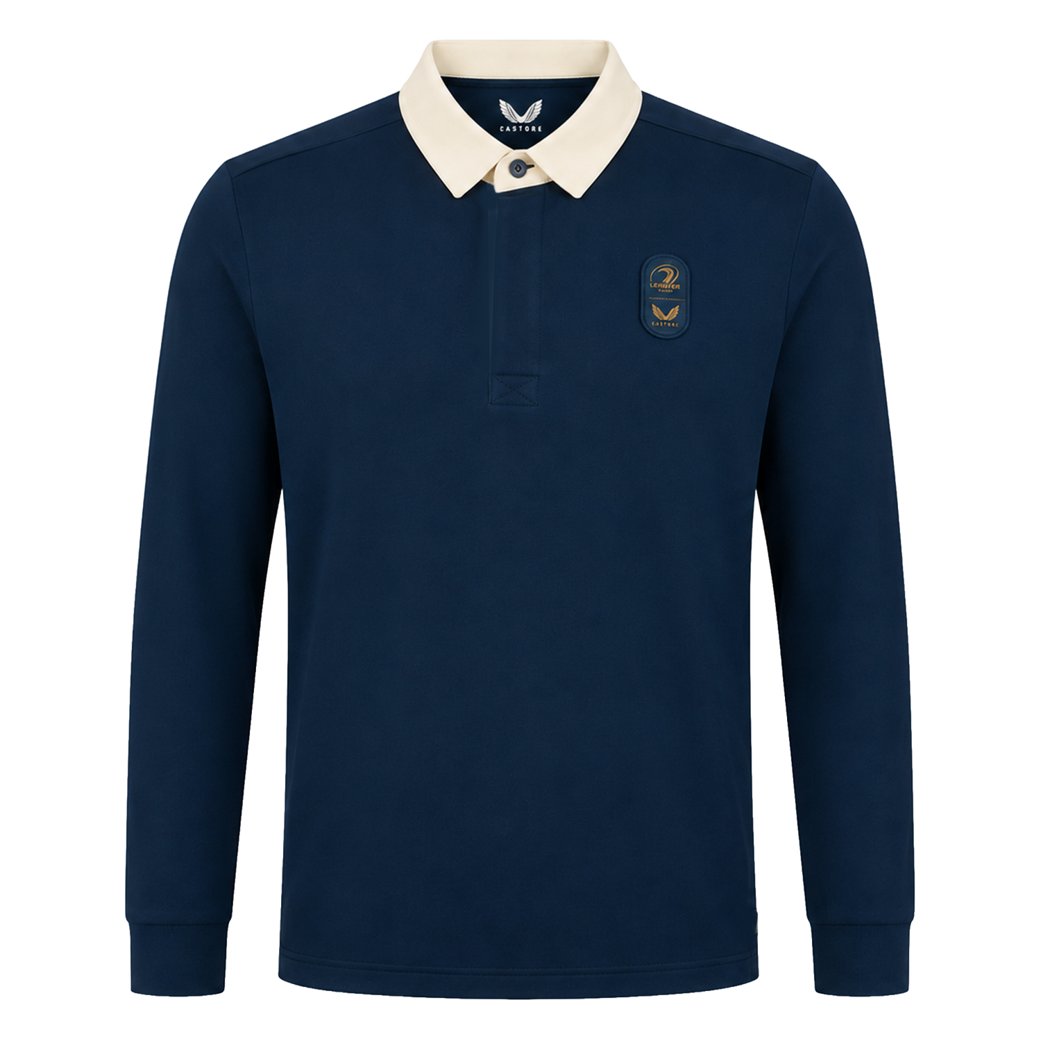 The Leinster 25/26 Dual Branded Jersey by Castore features long sleeves, a navy blue design with a white collar, and two embroidered left chest patches inspired by the classic Leinster Rugby jersey.