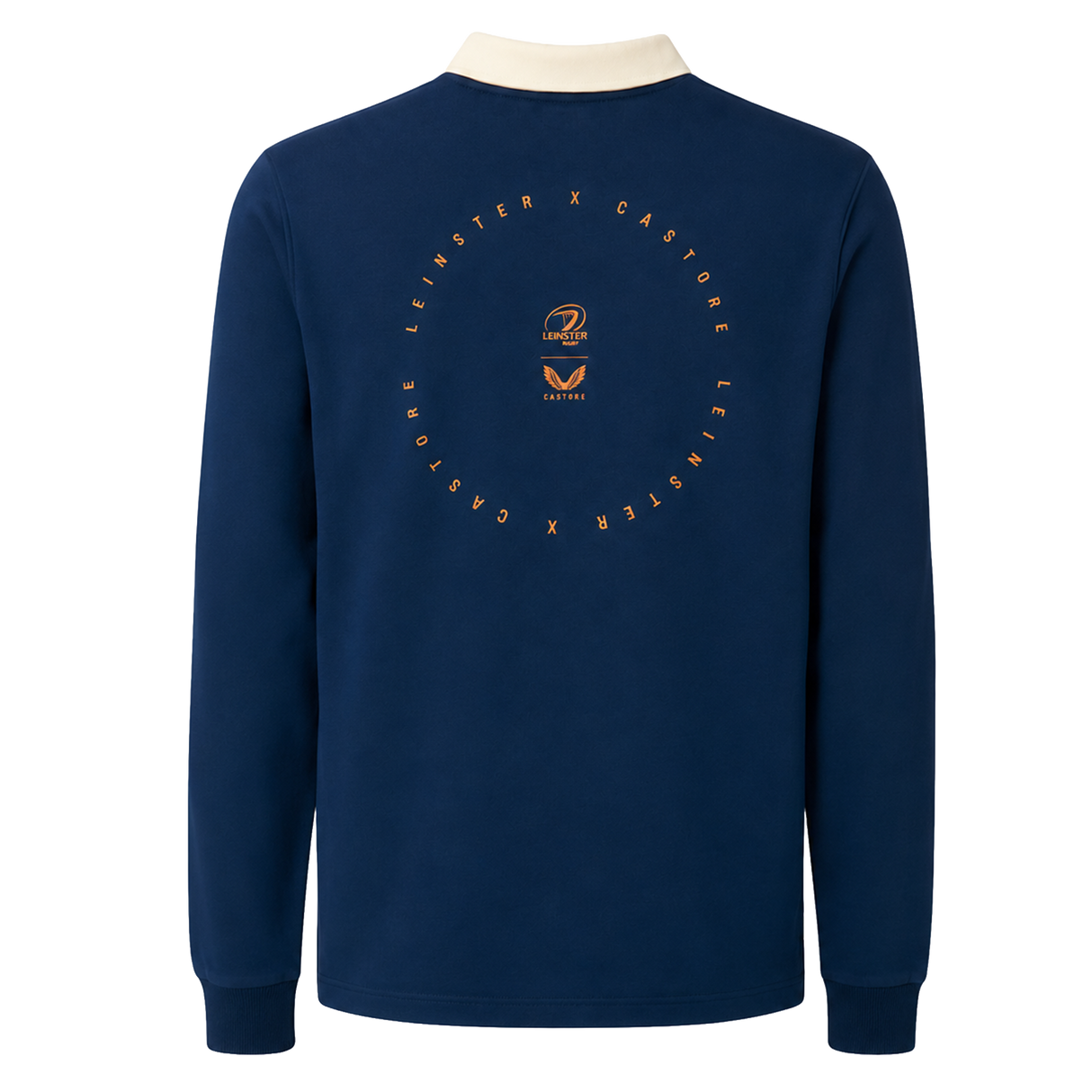 The Leinster 25/26 Dual Branded Jersey by Castore is a navy long-sleeve rugby jersey with a white collar and circular "Leinster x Castore" text and logos on the back—an official dual-branded piece from Castore.