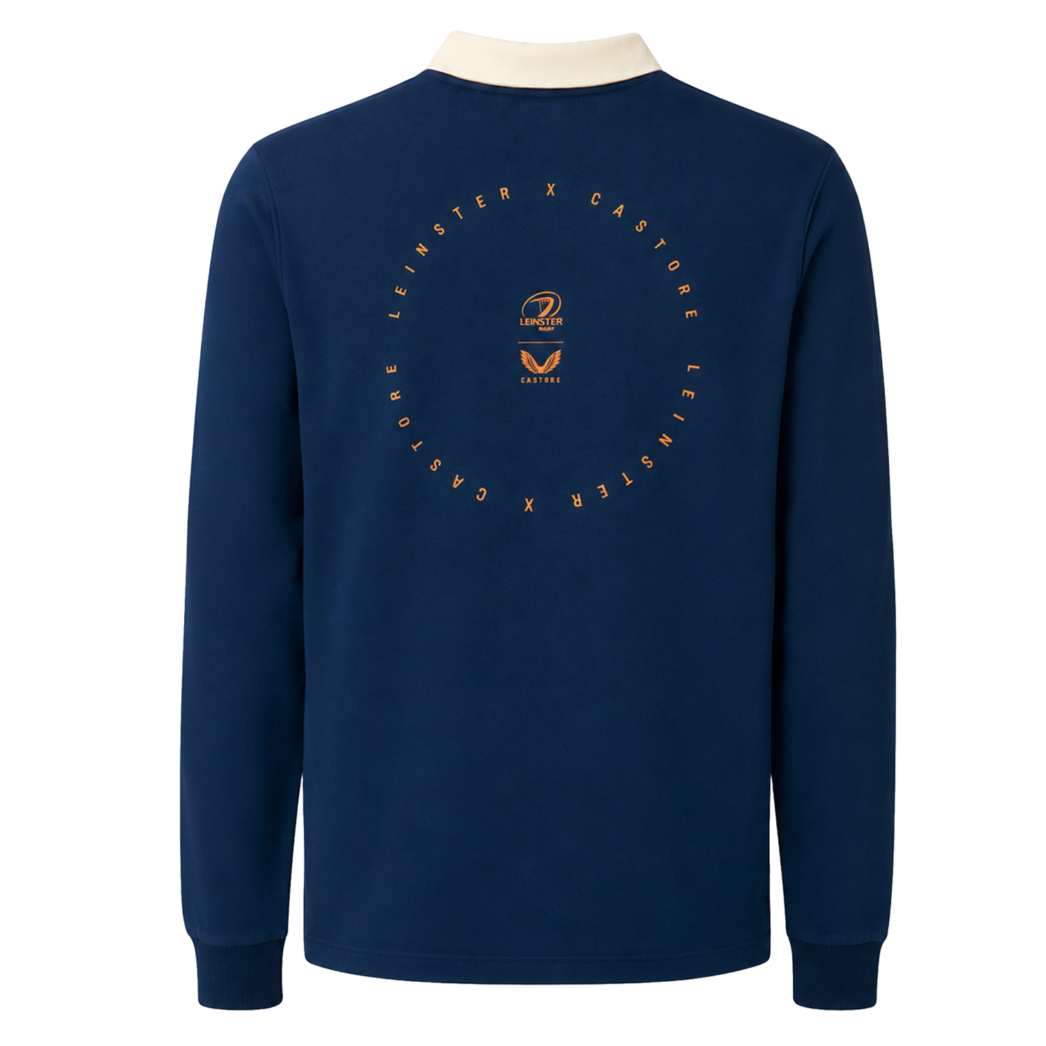The Leinster 25/26 Dual Branded Jersey by Castore is a navy long-sleeve rugby jersey with a white collar and circular "Leinster x Castore" text and logos on the back—an official dual-branded piece from Castore.