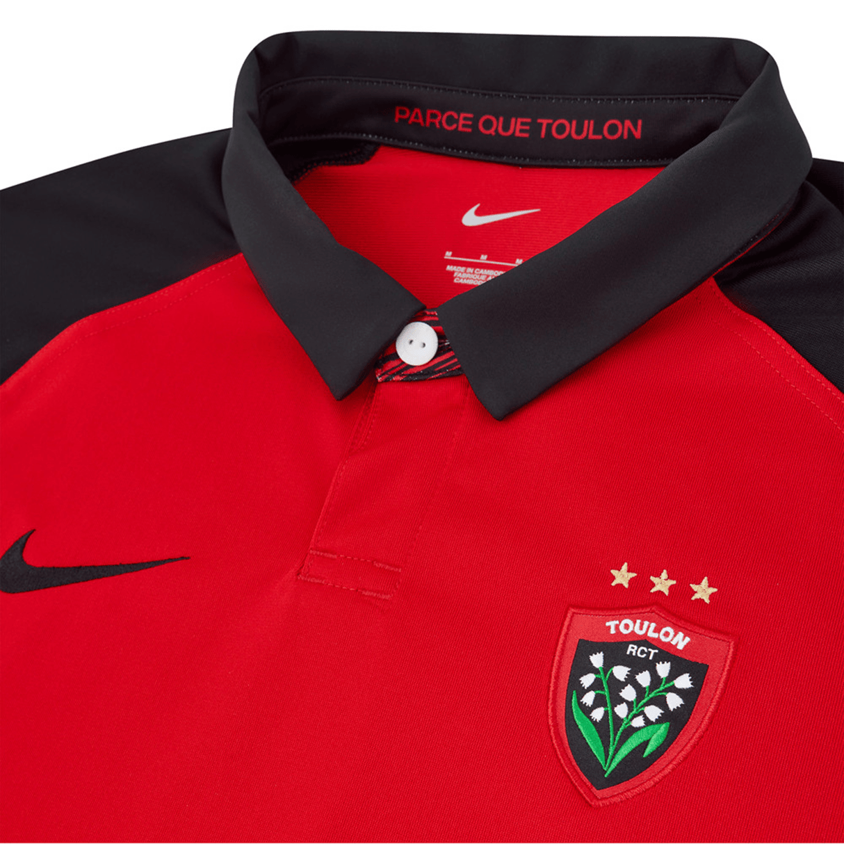 A red and black RC Toulon Home Rugby Jersey 23/24 by Nike with a logo on it.
