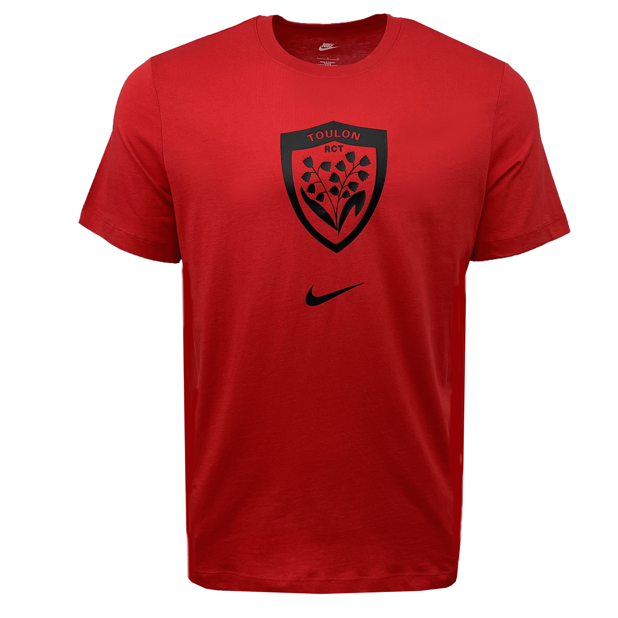 The RC Toulon Evergreen Tee by Nike is a red shirt featuring the Toulon RCT logo in black with a small black Nike swoosh beneath it. Made from pure cotton, this tee offers ultimate comfort and style.