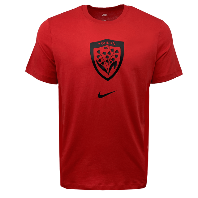 The RC Toulon Evergreen Tee by Nike is a red shirt featuring the Toulon RCT logo in black with a small black Nike swoosh beneath it. Made from pure cotton, this tee offers ultimate comfort and style.