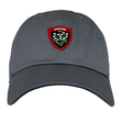 A grey RC Toulon Heritage 86 Cap by Nike, featuring a red and green badge adorned with white flowers and the text "TOULON RCT" on the front, perfect for Rugby Club Toulonnais fans.