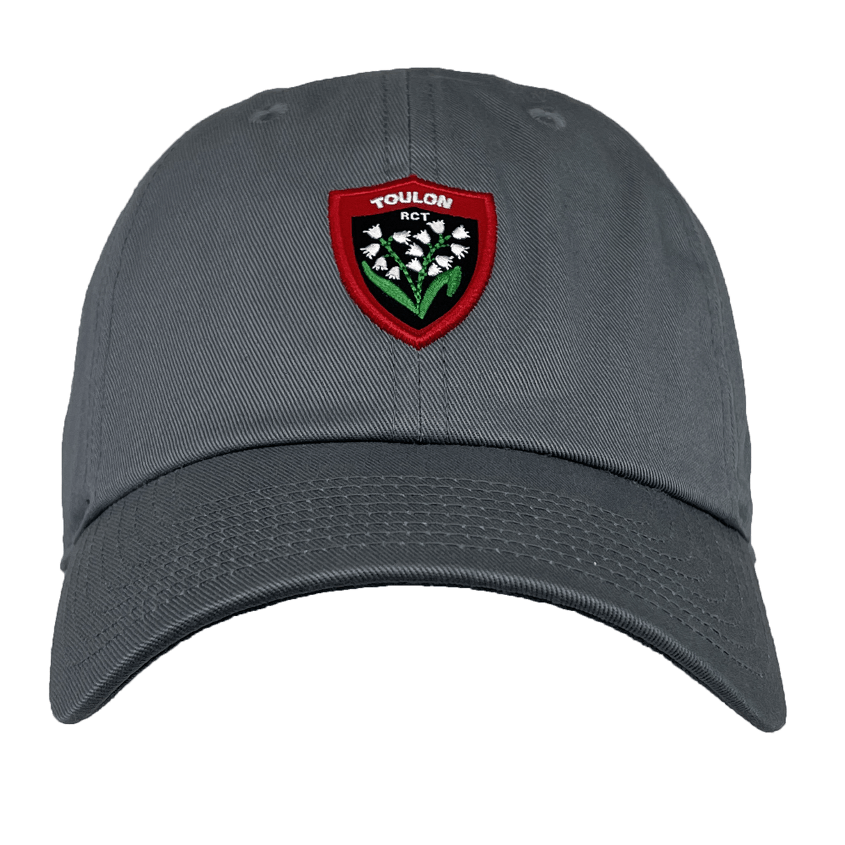 A grey RC Toulon Heritage 86 Cap by Nike, featuring a red and green badge adorned with white flowers and the text "TOULON RCT" on the front, perfect for Rugby Club Toulonnais fans.