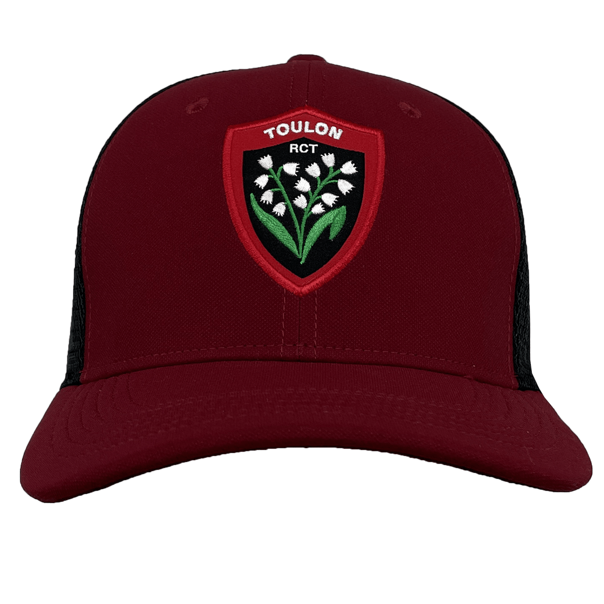 A maroon RC Toulon C99 Trucker Cap by Nike with a black mesh back and a "Toulon RCT" emblem featuring white flowers on the front panel, designed with Nike's Dry-Fit technology for ultimate comfort.