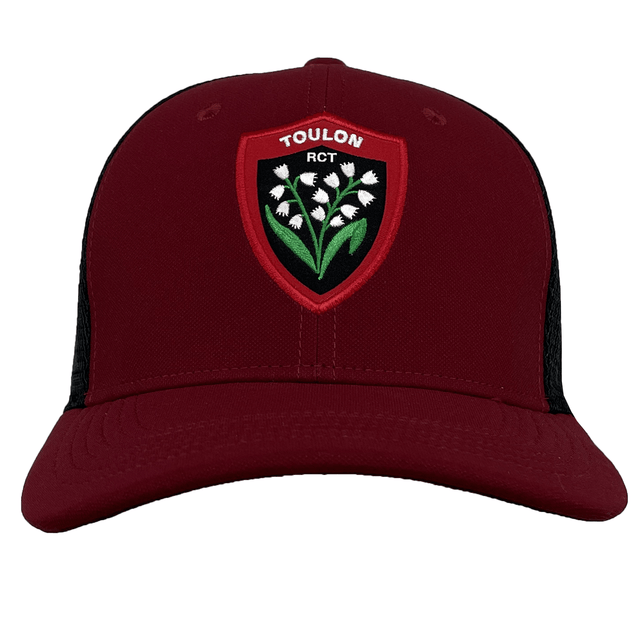 A maroon RC Toulon C99 Trucker Cap by Nike with a black mesh back and a "Toulon RCT" emblem featuring white flowers on the front panel, designed with Nike's Dry-Fit technology for ultimate comfort.