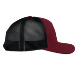 Side view of a maroon and black Nike RC Toulon C99 Trucker Cap by Nike, featuring Dry-Fit technology, a curved brim, and an adjustable back strap.