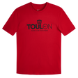The Nike RC Toulon 25/26 Graphic Text T-Shirt features a red short-sleeve design with "TOULON" and "RUGBY CLUB TOULONNAIS" in black, plus the Nike logo and shield above the text. Official supporter apparel.