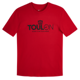The Nike RC Toulon 25/26 Graphic Text T-Shirt features a red short-sleeve design with "TOULON" and "RUGBY CLUB TOULONNAIS" in black, plus the Nike logo and shield above the text. Official supporter apparel.