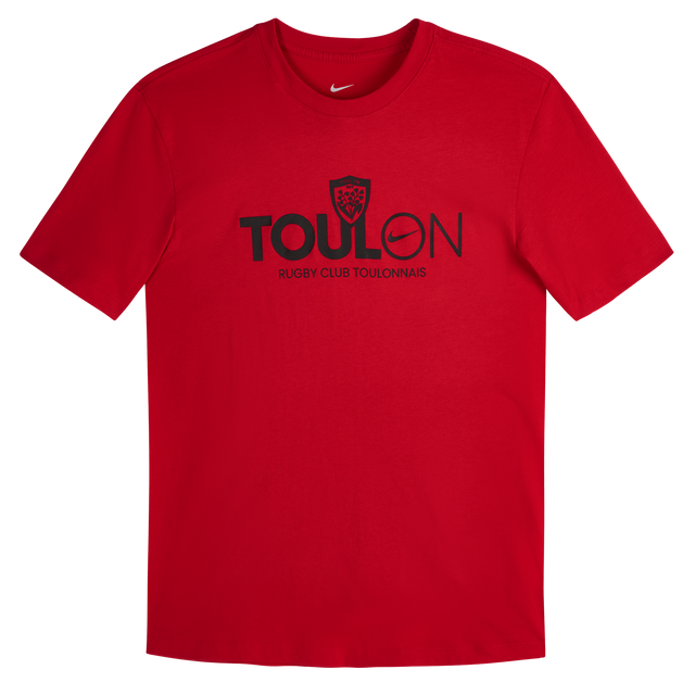 The Nike RC Toulon 25/26 Graphic Text T-Shirt features a red short-sleeve design with "TOULON" and "RUGBY CLUB TOULONNAIS" in black, plus the Nike logo and shield above the text. Official supporter apparel.