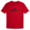The Nike RC Toulon 25/26 Graphic Text T-Shirt features a red short-sleeve design with "TOULON" and "RUGBY CLUB TOULONNAIS" in black, plus the Nike logo and shield above the text. Official supporter apparel.