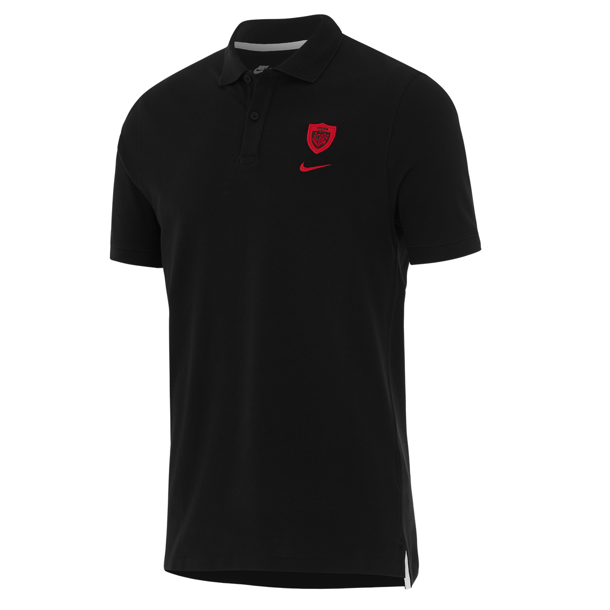 The RC Toulon 25/26 Pique Polo by Nike is a black, short-sleeved polo featuring a red Nike logo and the RC Toulon crest on the left chest.