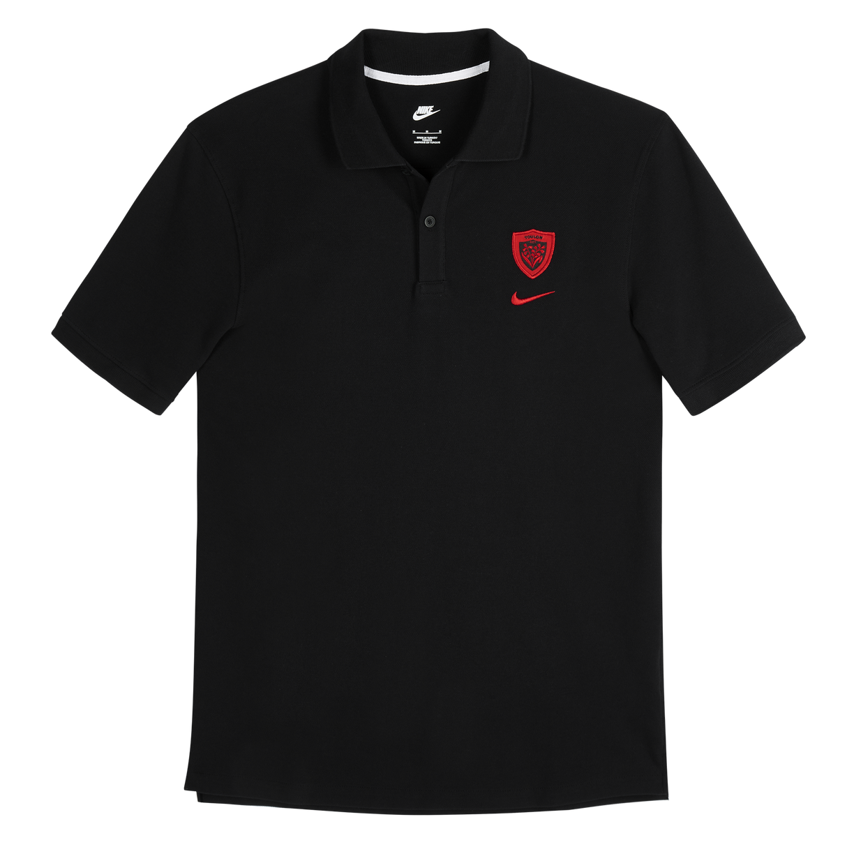 The RC Toulon 25/26 Pique Polo by Nike is a black polo shirt with a red embroidered RC Toulon crest and a red Nike swoosh on the left chest.