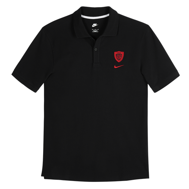 The RC Toulon 25/26 Pique Polo by Nike is a black polo shirt with a red embroidered RC Toulon crest and a red Nike swoosh on the left chest.