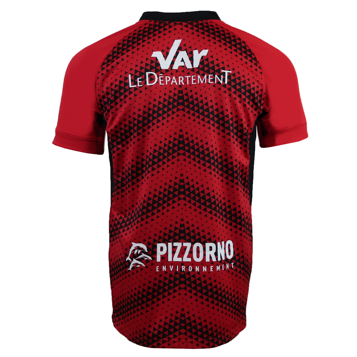 Back view of the RC Toulon 25/26 Replica Home Jersey by Nike in red and black, showcasing "Var Le Département" and "Pizzorno Environnement" logos with signature Nike detailing.