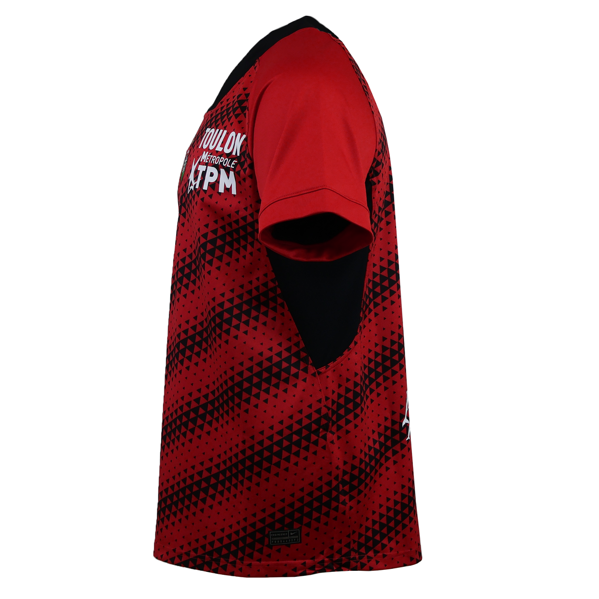 The Nike RC Toulon 25/26 Replica Home Jersey features a red short-sleeve design with black geometric patterns, black side panels, and white chest text—perfect for fans seeking a stylish look.
