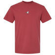 The Tonga Vintage Comfort Tee by EMB S&S Activewear is a maroon heavyweight shirt with a small embroidered green-headed, yellow-beaked duck on the chest.