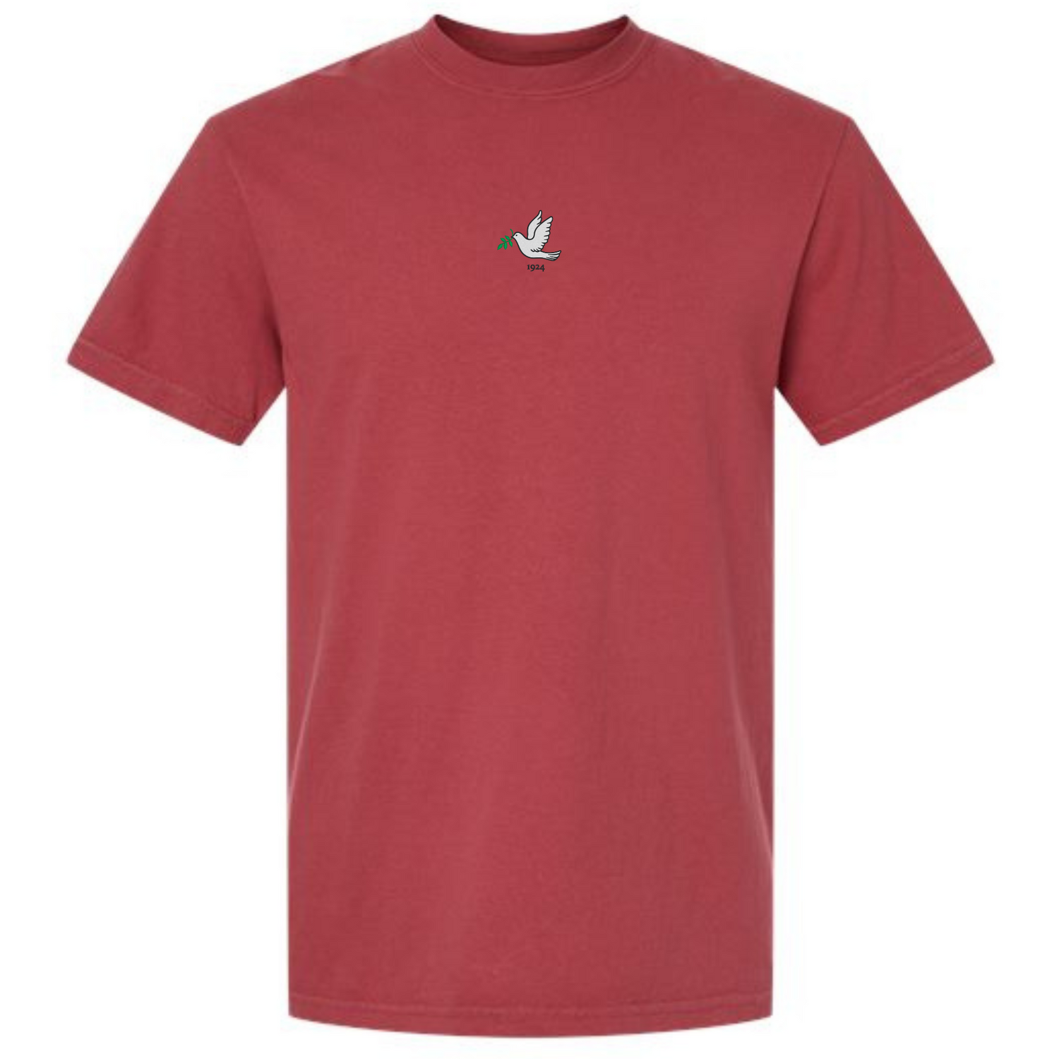 The Tonga Vintage Comfort Tee by EMB S&S Activewear is a maroon heavyweight shirt with a small embroidered green-headed, yellow-beaked duck on the chest.