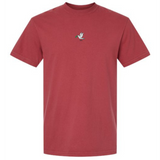 The Tonga Vintage Comfort Tee by EMB S&S Activewear is a maroon heavyweight shirt with a small embroidered green-headed, yellow-beaked duck on the chest.
