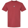 The Tonga Vintage Comfort Tee by EMB S&S Activewear is a maroon heavyweight shirt with a small embroidered green-headed, yellow-beaked duck on the chest.