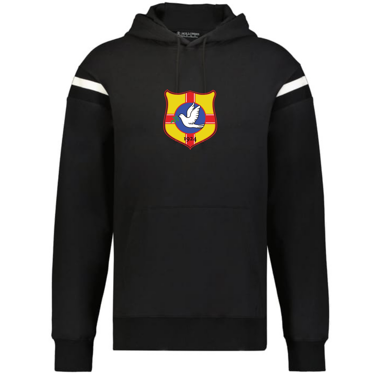 The WRS Augusta Tonga Heritage Prep Vintage Shield Hoodie is black with white sleeve stripes and features a colorful crest with a bird and "1944" on the chest.