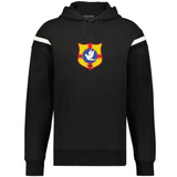 The WRS Augusta Tonga Heritage Prep Vintage Shield Hoodie is black with white sleeve stripes and features a colorful crest with a bird and "1944" on the chest.