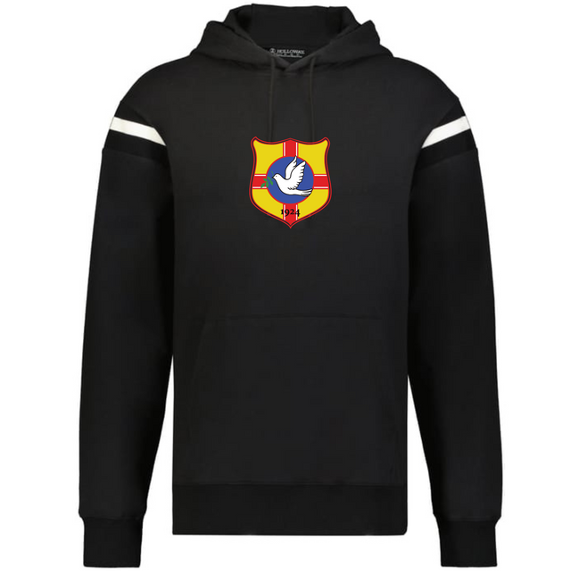 The WRS Augusta Tonga Heritage Prep Vintage Shield Hoodie is black with white sleeve stripes and features a colorful crest with a bird and "1944" on the chest.