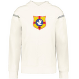 The Tonga Heritage Prep Vintage Shield Hoodie by WRS Augusta is a white hoodie featuring a colorful vintage shield with a bird and "1924" on the front—a classic must-have for rugby style.