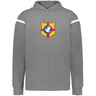 The WRS Augusta Tonga Heritage Prep Vintage Shield Hoodie is gray with white stripes on the sleeves and showcases a colorful shield crest featuring a central dove on the chest.