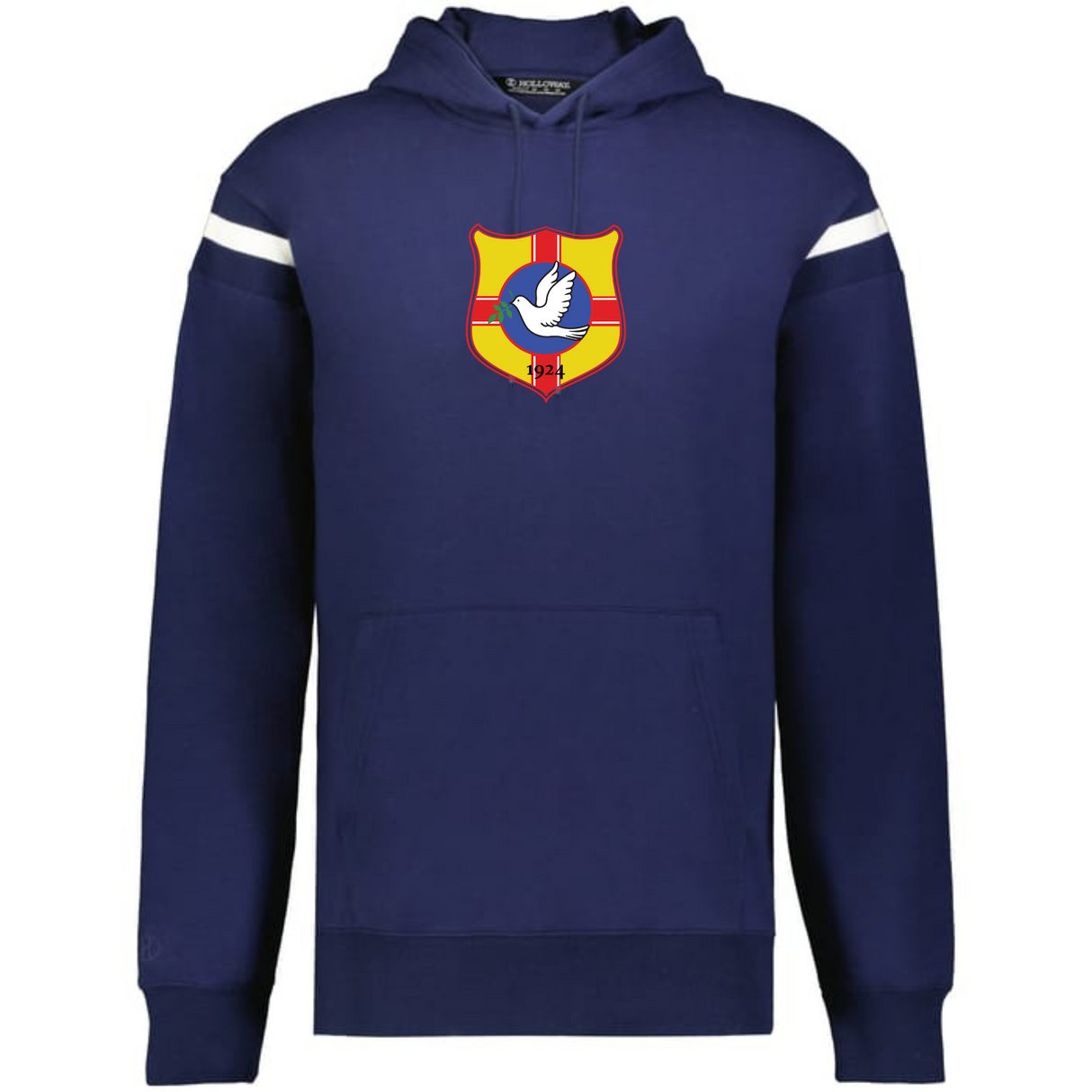 The WRS Augusta Tonga Heritage Prep Vintage Shield Hoodie is navy blue with white sleeve stripes and a colorful chest crest featuring a dove and "1924," giving it a classic vintage vibe.