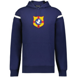 The WRS Augusta Tonga Heritage Prep Vintage Shield Hoodie is navy blue with white sleeve stripes and a colorful chest crest featuring a dove and "1924," giving it a classic vintage vibe.
