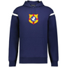 The WRS Augusta Tonga Heritage Prep Vintage Shield Hoodie is navy blue with white sleeve stripes and a colorful chest crest featuring a dove and "1924," giving it a classic vintage vibe.