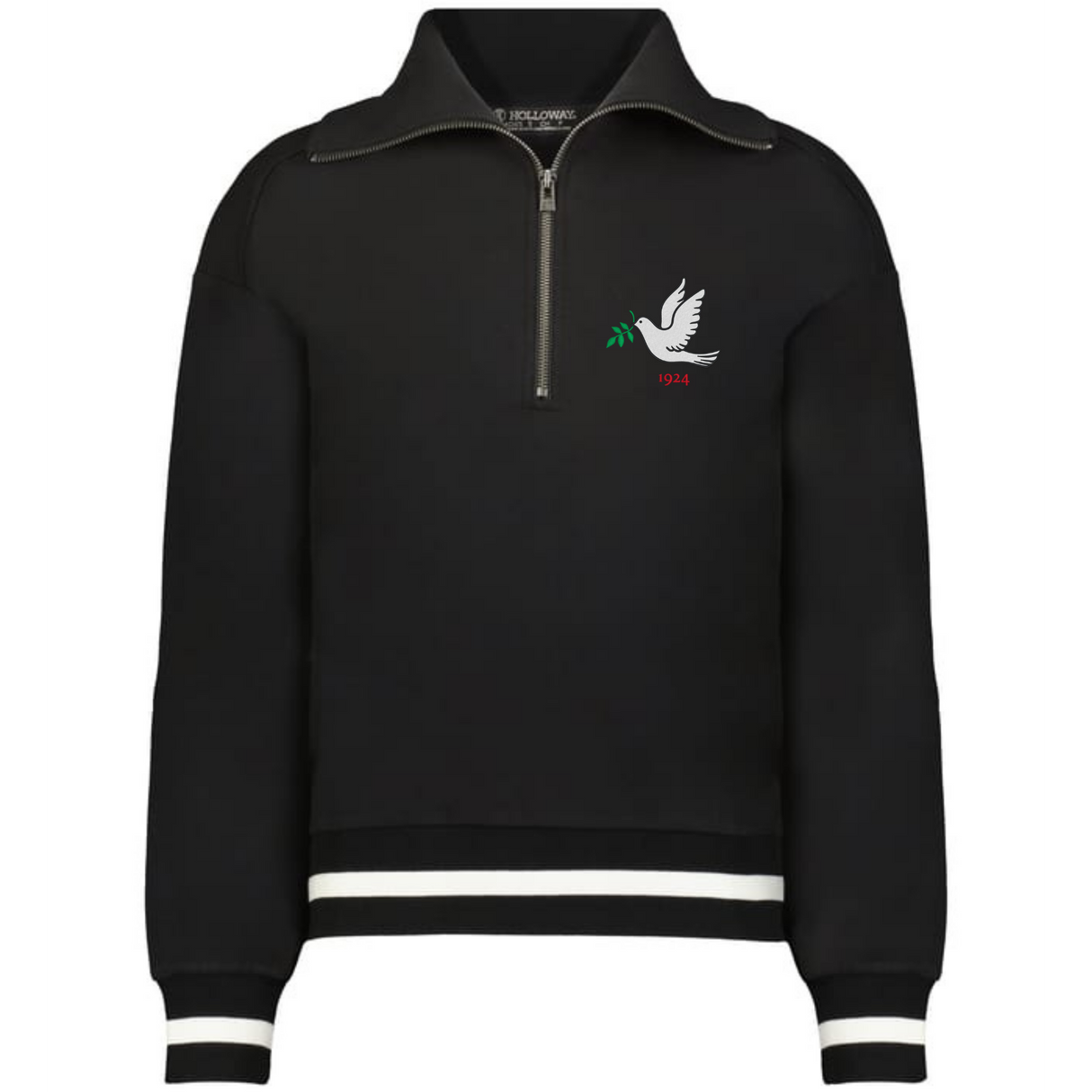 The EMB Augusta Women's Vintage Tonga Heritage Prep Pullover is a black quarter-zip with white stripes on cuffs and hem, featuring a small dove holding an olive branch and "1924" on the left chest for a classic touch.
