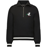 The EMB Augusta Women's Vintage Tonga Heritage Prep Pullover is a black quarter-zip with white stripes on cuffs and hem, featuring a small dove holding an olive branch and "1924" on the left chest for a classic touch.