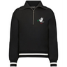 The EMB Augusta Women's Vintage Tonga Heritage Prep Pullover is a black quarter-zip with white stripes on cuffs and hem, featuring a small dove holding an olive branch and "1924" on the left chest for a classic touch.