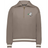 The EMB Augusta Women's Vintage Tonga Heritage Prep Pullover features a light brown color, white striped cuffs and hem, a quarter-zip, and an embroidered dove with olive branch and "1924" on the left chest—a classic prep style.