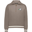 The EMB Augusta Women's Vintage Tonga Heritage Prep Pullover features a light brown color, white striped cuffs and hem, a quarter-zip, and an embroidered dove with olive branch and "1924" on the left chest—a classic prep style.