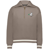 The EMB Augusta Women's Vintage Tonga Heritage Prep Pullover features a light brown color, white striped cuffs and hem, a quarter-zip, and an embroidered dove with olive branch and "1924" on the left chest—a classic prep style.
