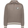 The EMB Augusta Women's Vintage Tonga Heritage Prep Pullover features a light brown color, white striped cuffs and hem, a quarter-zip, and an embroidered dove with olive branch and "1924" on the left chest—a classic prep style.