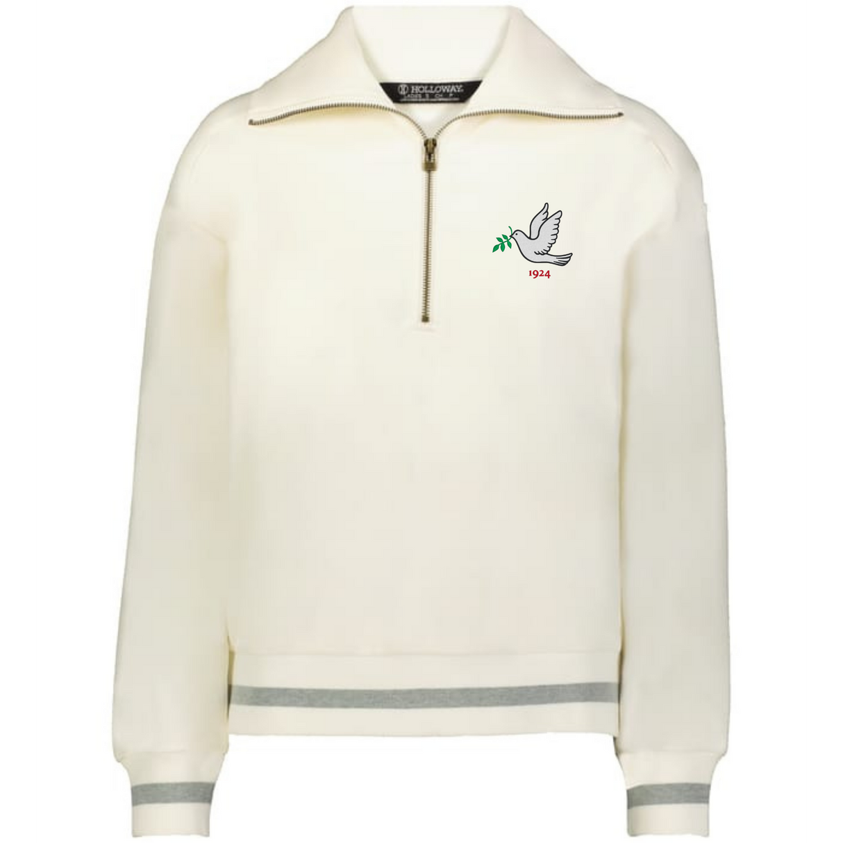 The EMB Augusta Women's Vintage Tonga Heritage Prep Pullover is a cream zip-up sweater featuring a dove with an olive branch and "1944" embroidered on the left chest.