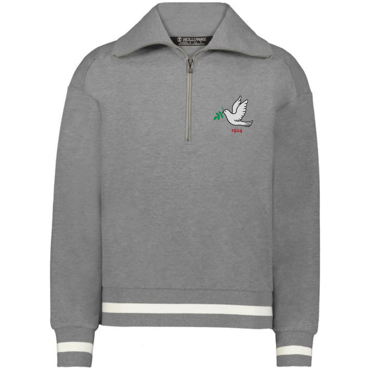 The Women's Vintage Tonga Heritage Prep Pullover by EMB Augusta is a gray quarter-zip with white cuff and hem stripes, featuring a dove with an olive branch and "1924" embroidered on the left chest.